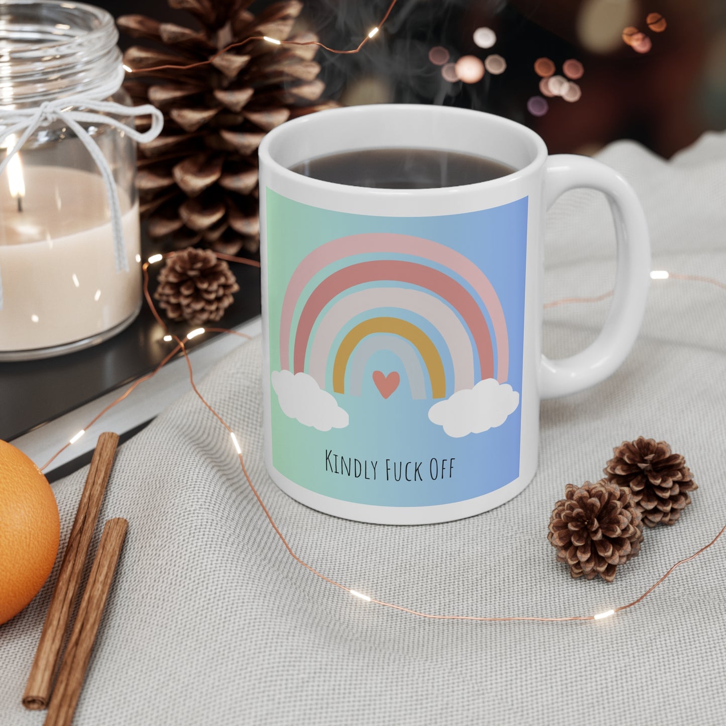 Rainbow Ceramic Mug 11oz- Kindly Fuck Off (green/blue)