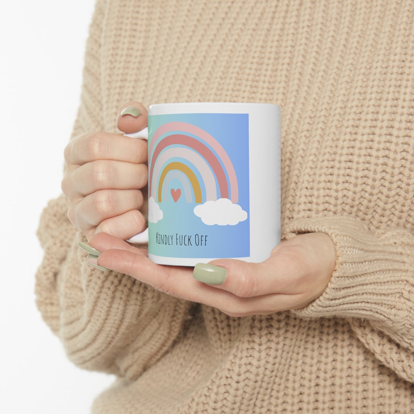 Rainbow Ceramic Mug 11oz- Kindly Fuck Off (green/blue)