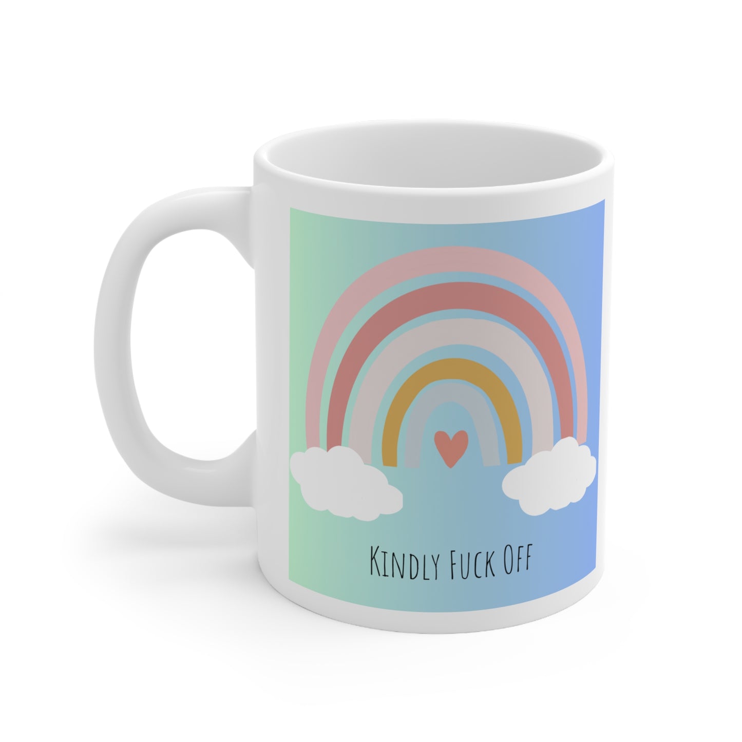 Rainbow Ceramic Mug 11oz- Kindly Fuck Off (green/blue)