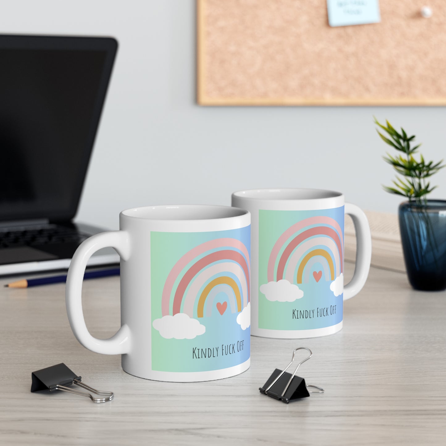 Rainbow Ceramic Mug 11oz- Kindly Fuck Off (green/blue)